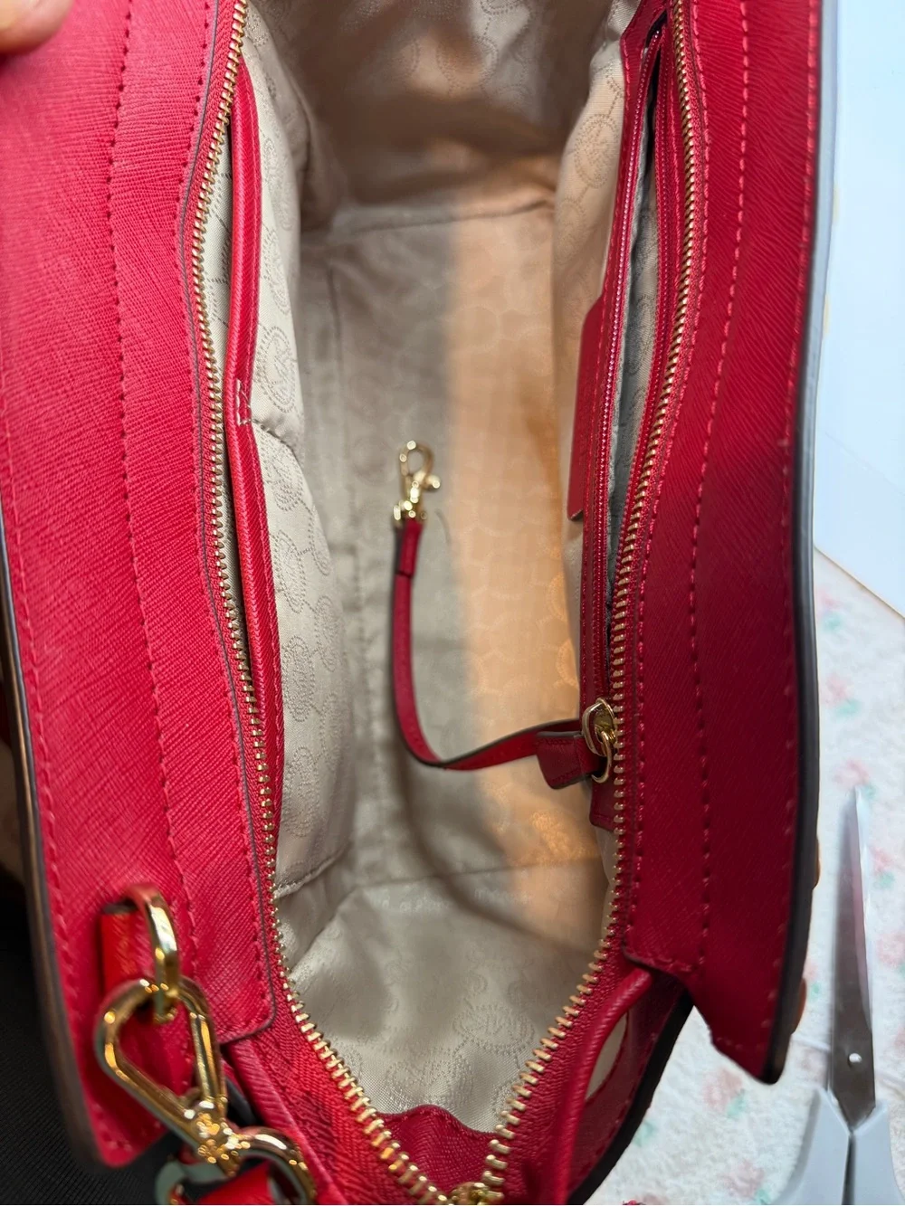 Michael Kors Red Studded Leather Satchel with Crossbody Strap